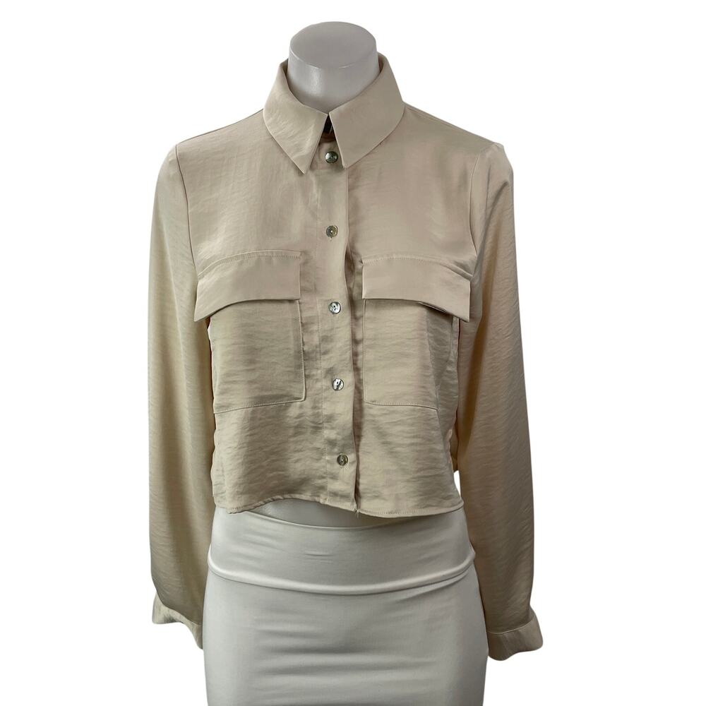 Zara Women's Beige Pocket Long Sleeve Button Down Cropped Shirt Top Size XS